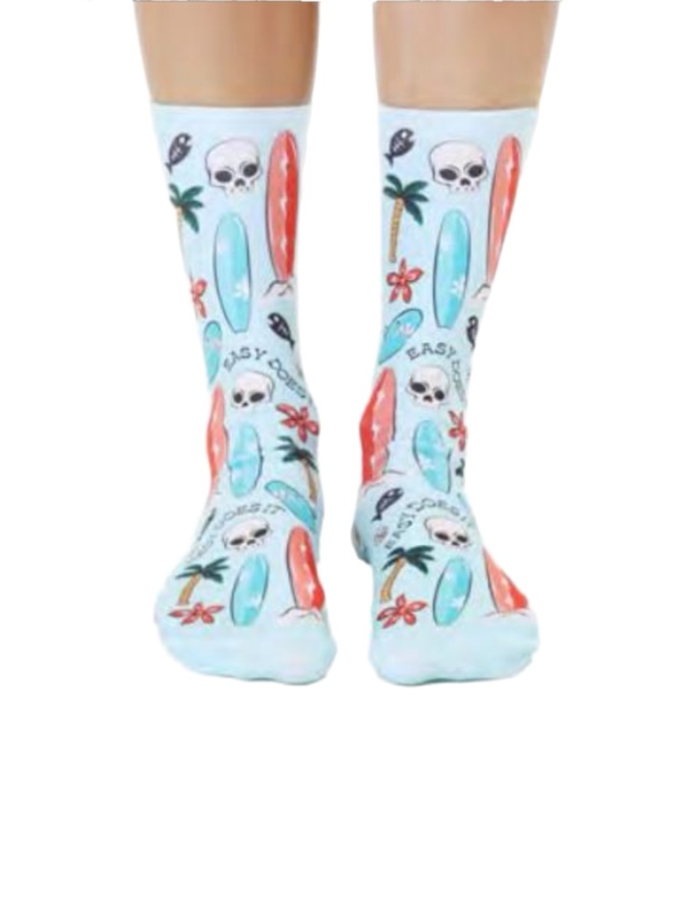 Novelty Surfboard & Skull Crew Socks - Light Blue